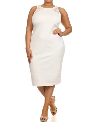 Plus Size Graceful Victorian Print Mesh White Midi Dress