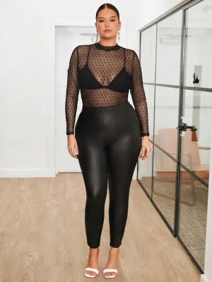 Plus Size Sheer Mesh Long Sleeve Top And Pants Set (Without Bra)