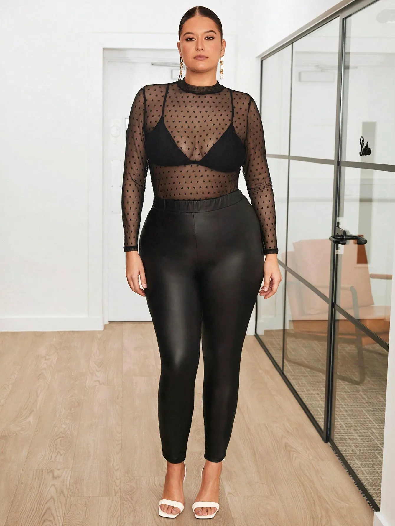 Plus Size Sheer Mesh Long Sleeve Top And Pants Set (Without Bra)