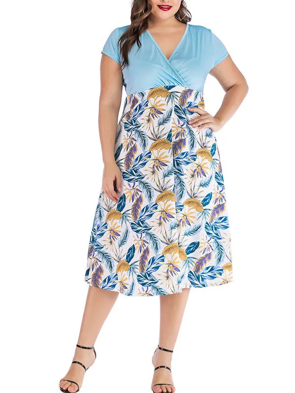 Plus Size Short-sleeved Solid Color Blouse Stitching Print Dress