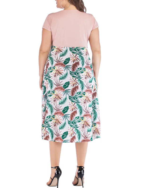 Plus Size Short-sleeved Solid Color Blouse Stitching Print Dress