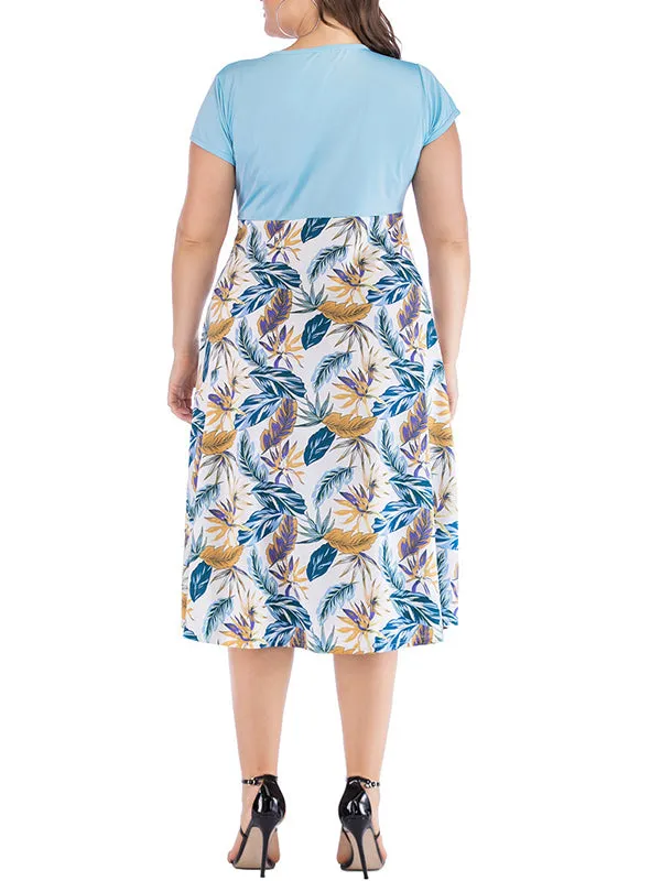 Plus Size Short-sleeved Solid Color Blouse Stitching Print Dress