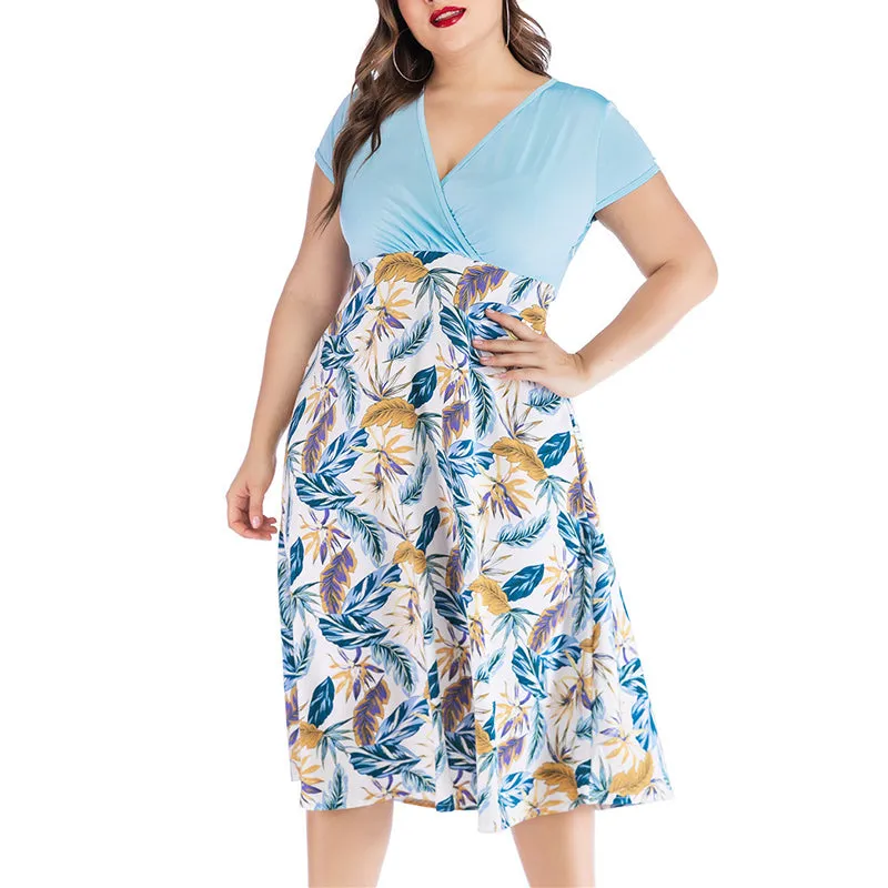 Plus Size Short-sleeved Solid Color Blouse Stitching Print Dress