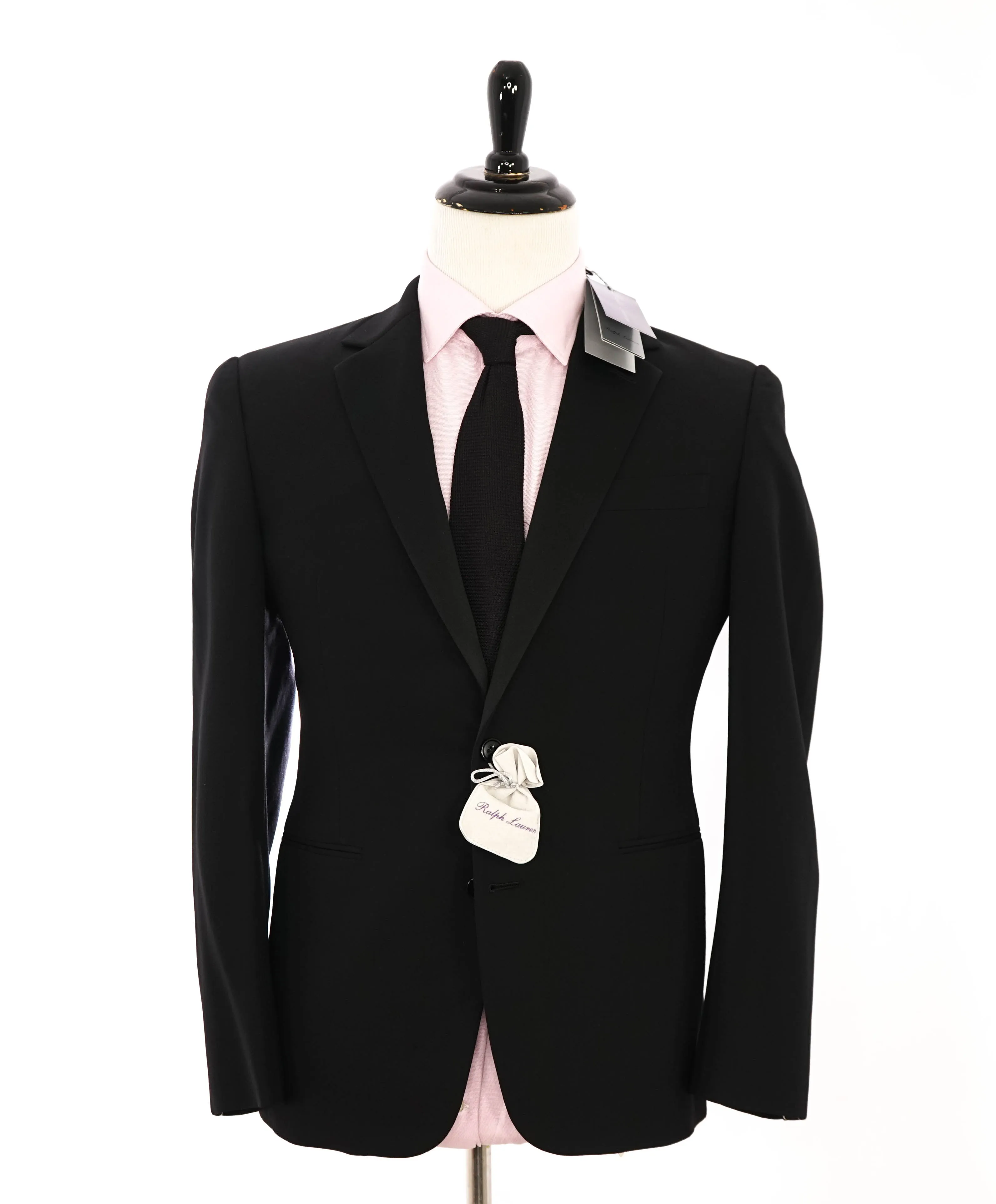 RALPH LAUREN PURPLE LABEL - Notch Lapel Black Tuxedo Suit Side Tabs - 38S