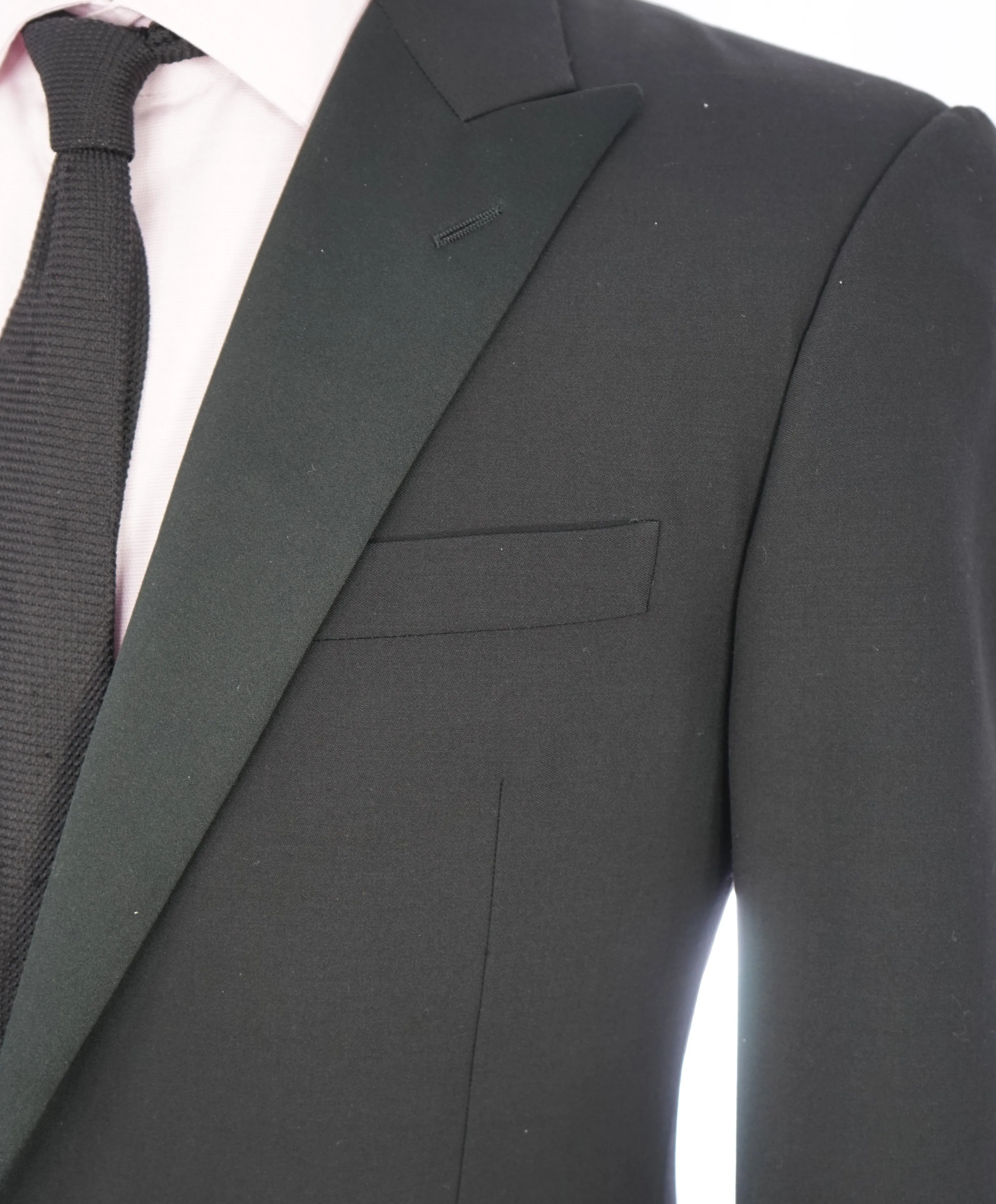 RALPH LAUREN PURPLE LABEL - Peak Lapel Black Tuxedo Suit With Side Tabs - 42R