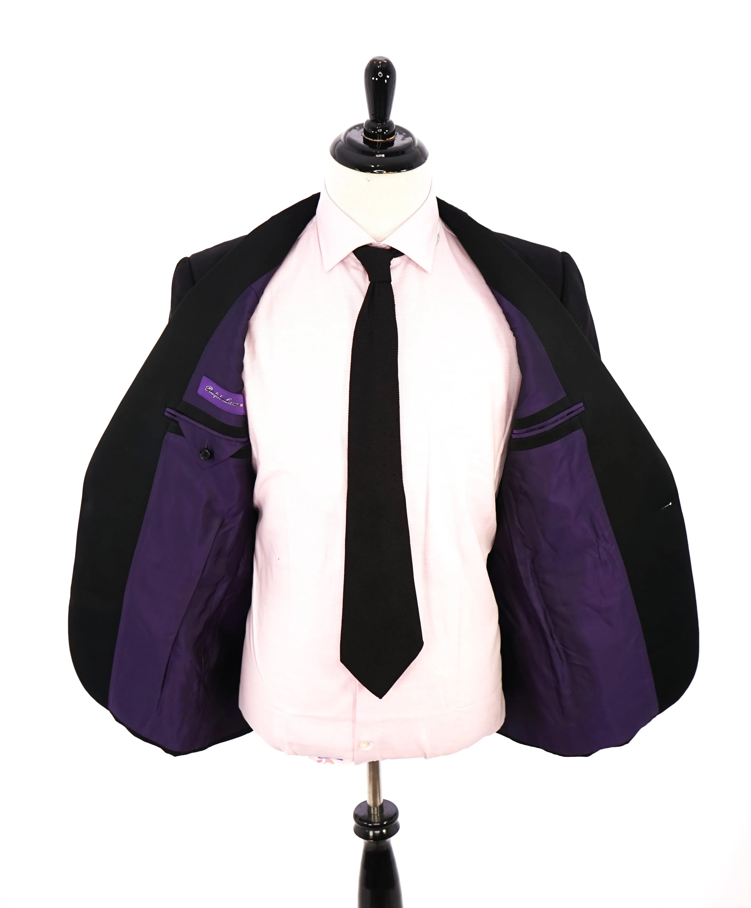 RALPH LAUREN PURPLE LABEL - Peak Lapel Black Tuxedo Suit With Side Tabs - 42R