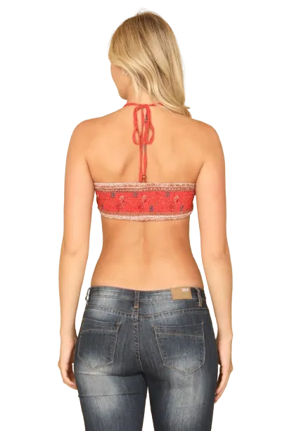 Red Floral Halter Tie Back Ruched Bralette Top - Pack of 5