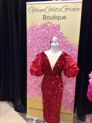 Red Puffy sleeves sequin midi dress