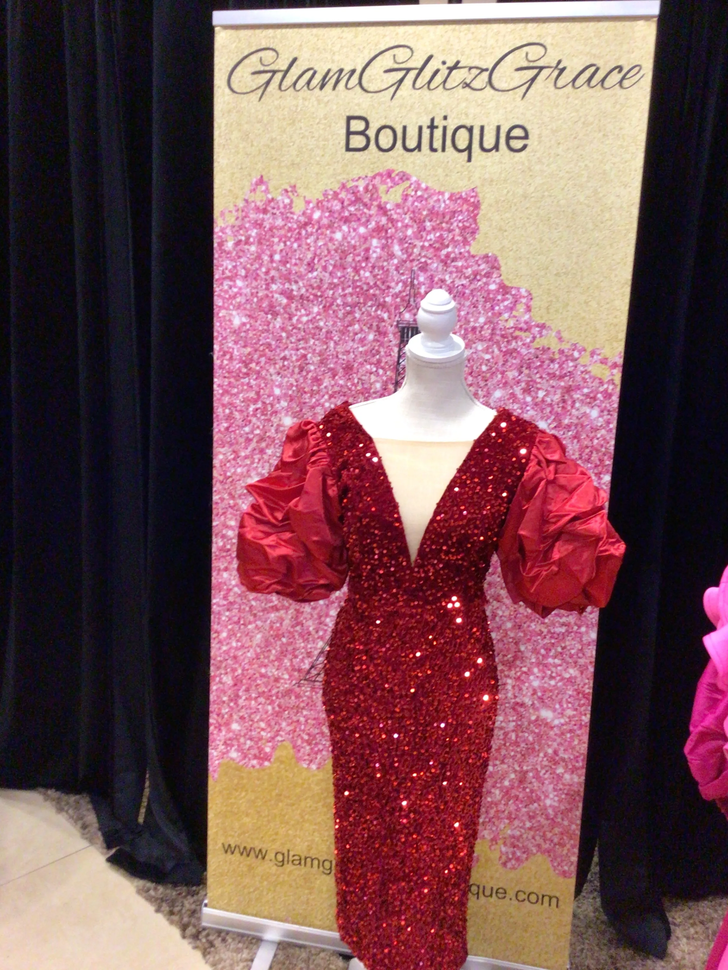 Red Puffy sleeves sequin midi dress