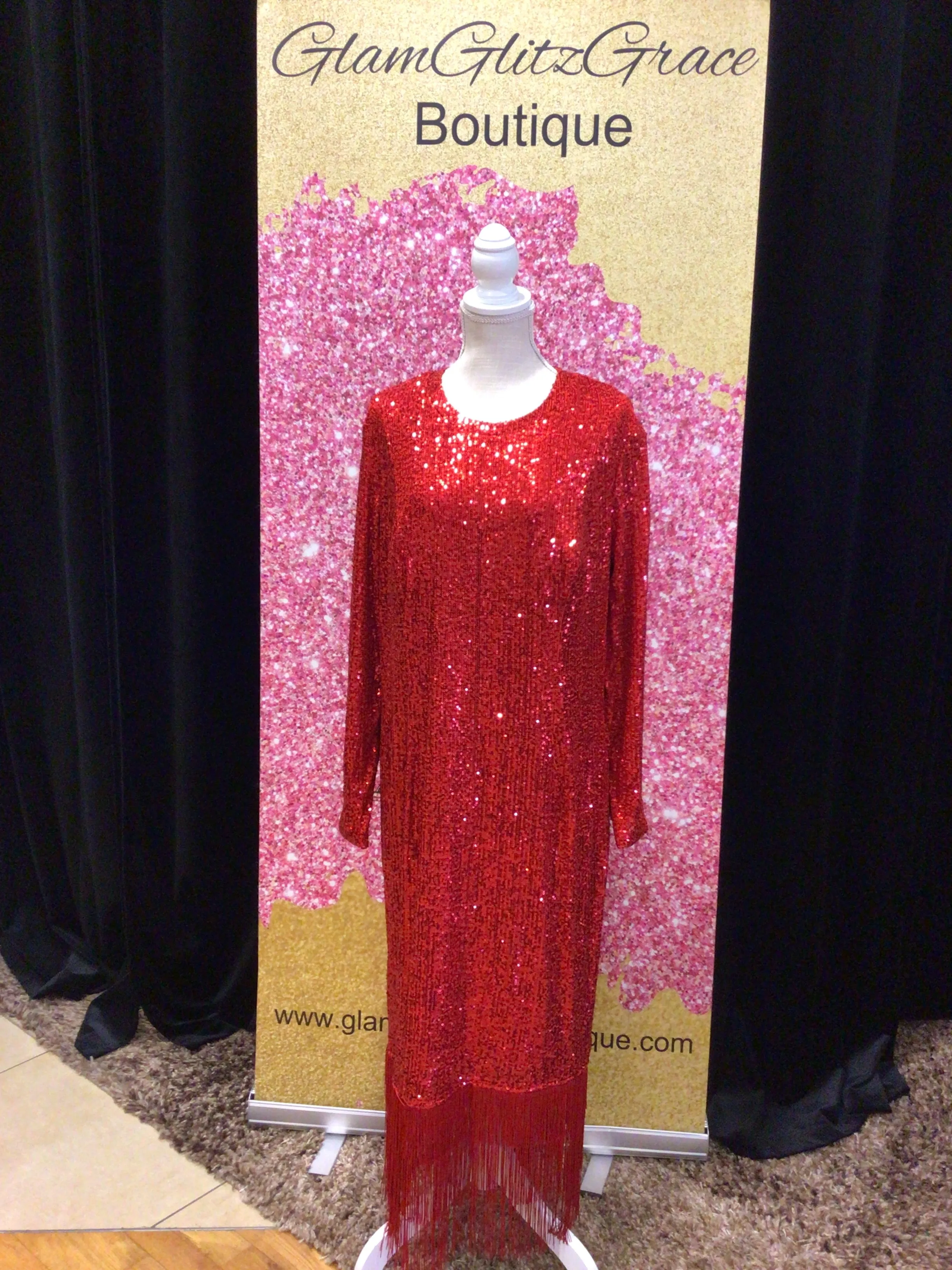 Red Sequin Fringe Midi Dress