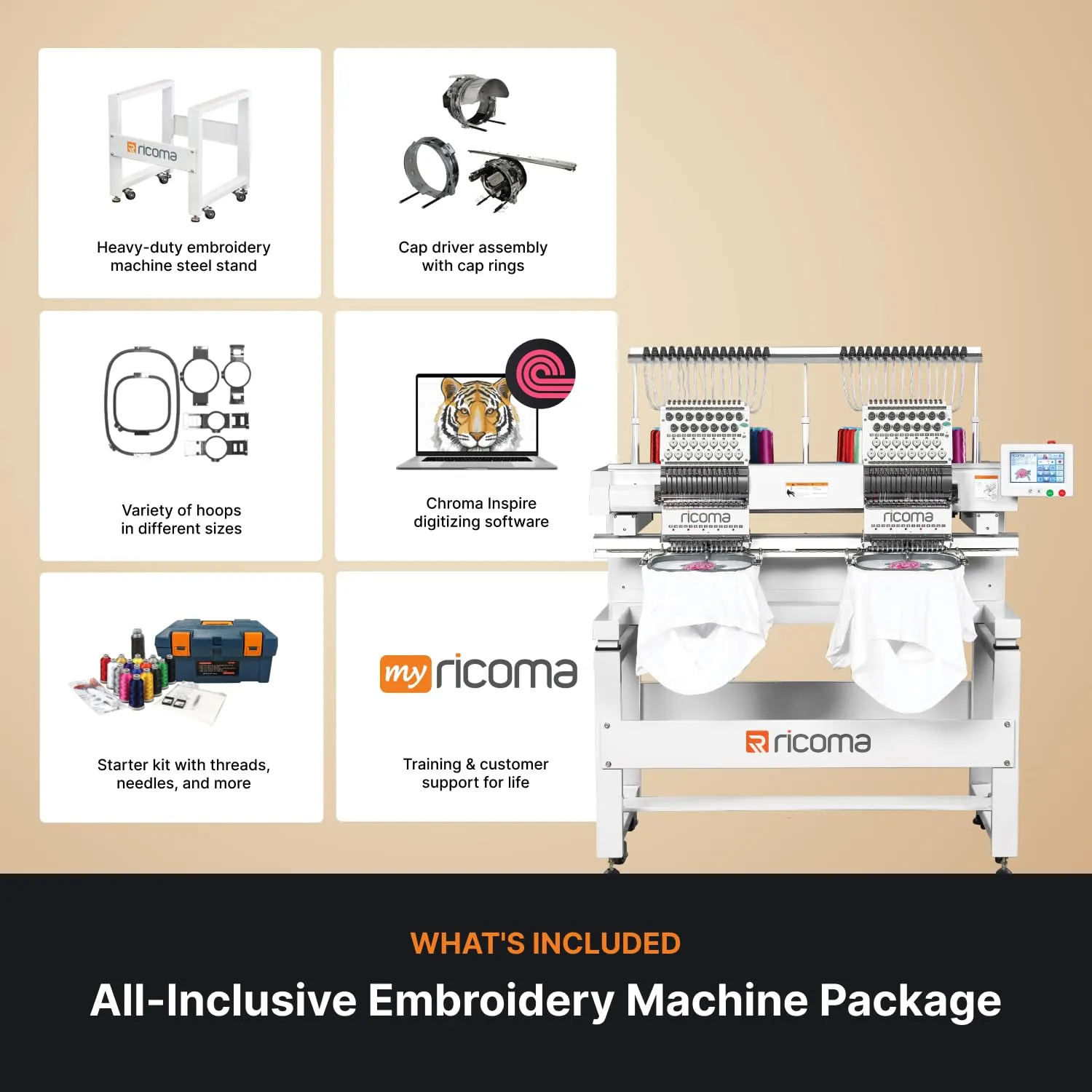 Ricoma MT 1502-15 - Needle Multi-Head Commercial Embroidery Machine, Large Sewing Field, Small Arm for Difficult Areas, Complete Package with All Necessities