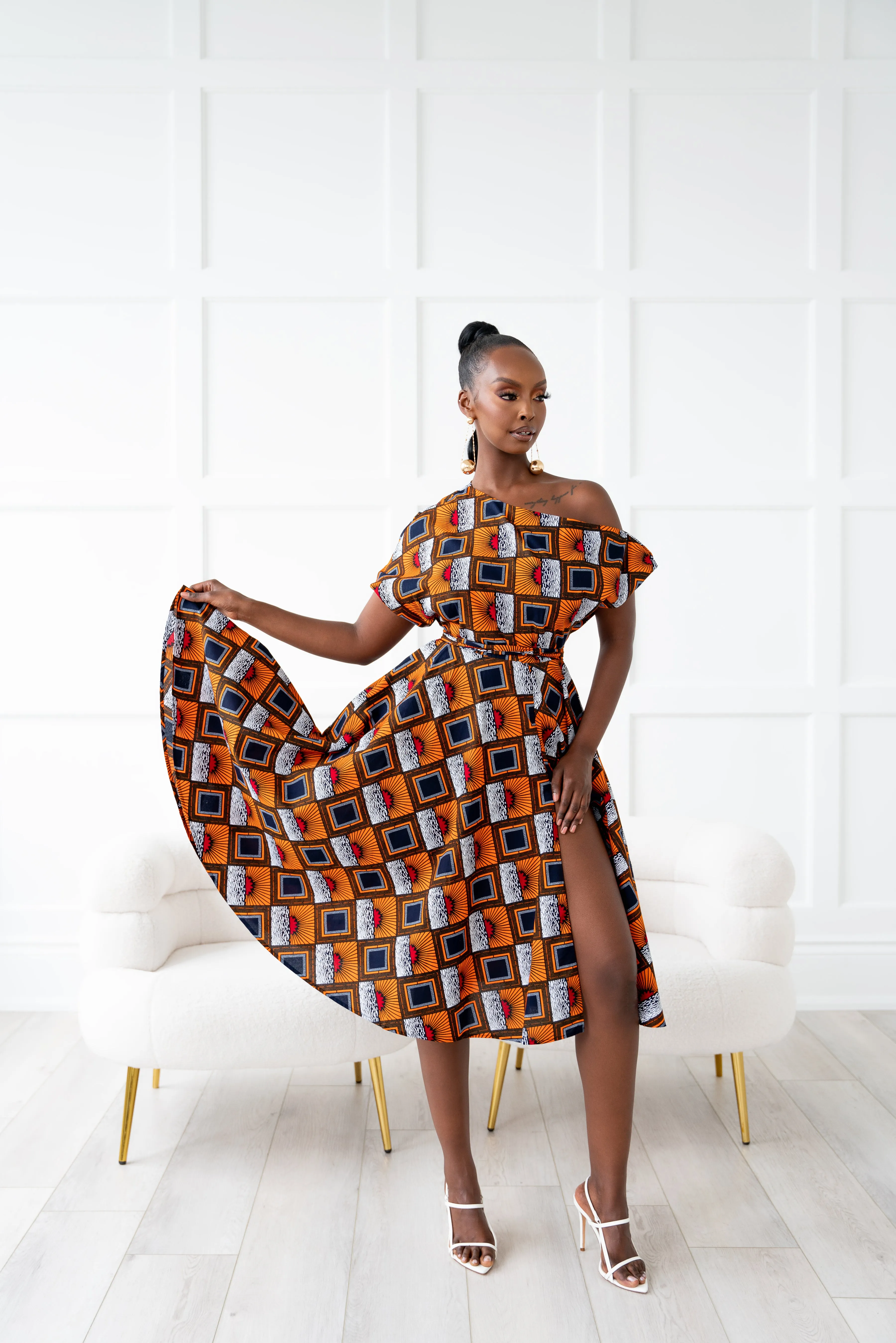 RIRE African Print One-shoulder Midi Dress
