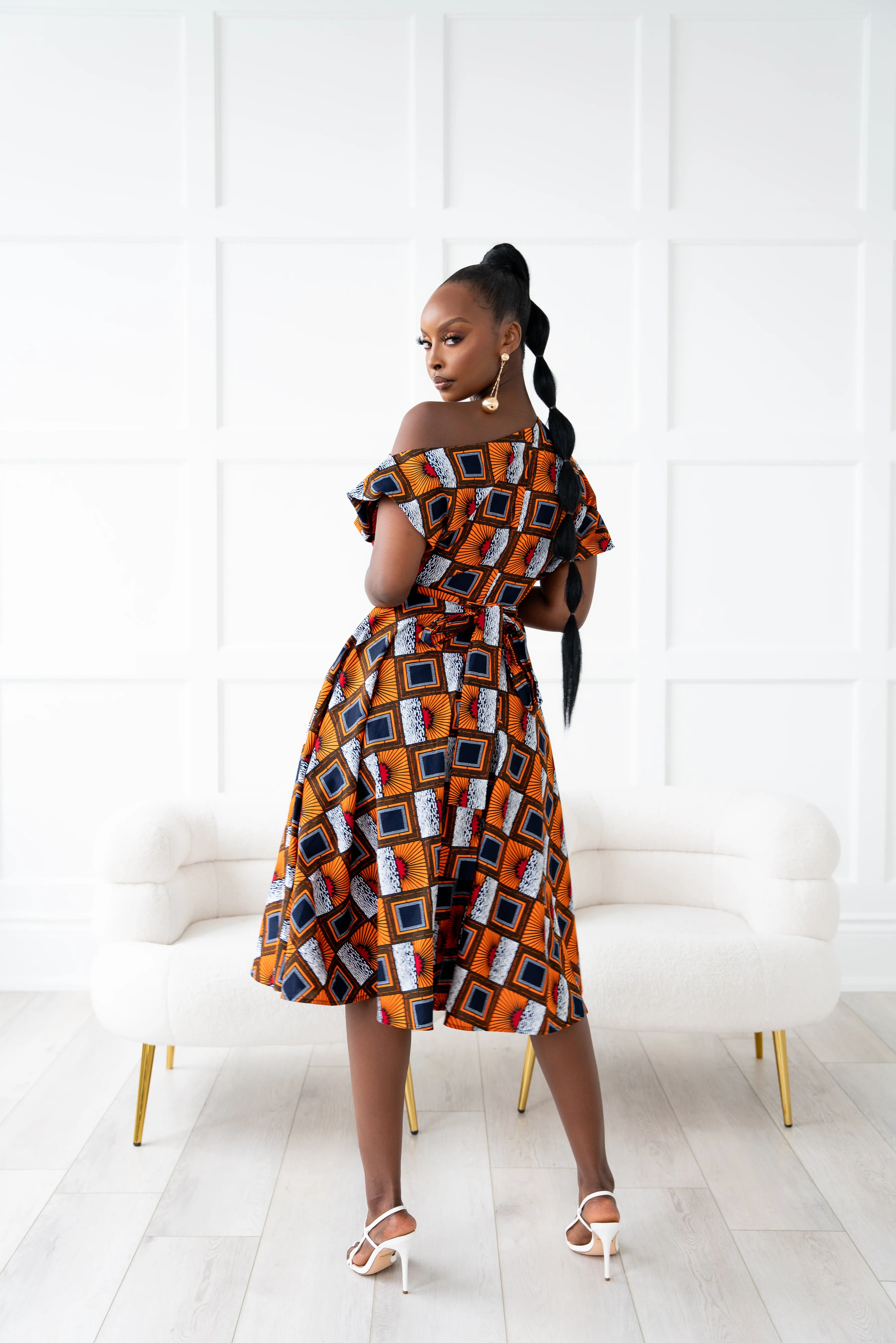 RIRE African Print One-shoulder Midi Dress