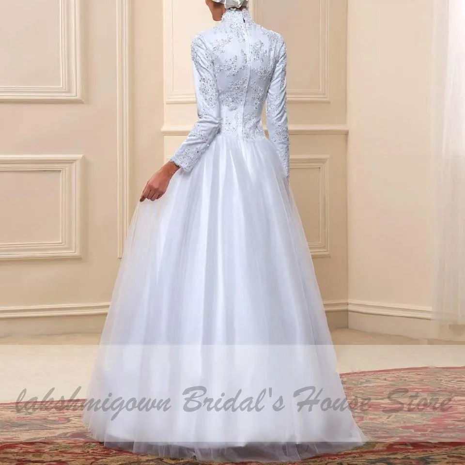 Roycebridal White Muslim High Neck Wedding Dress Satin Long Sleeve