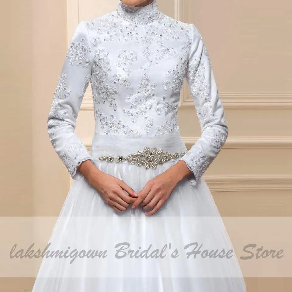 Roycebridal White Muslim High Neck Wedding Dress Satin Long Sleeve