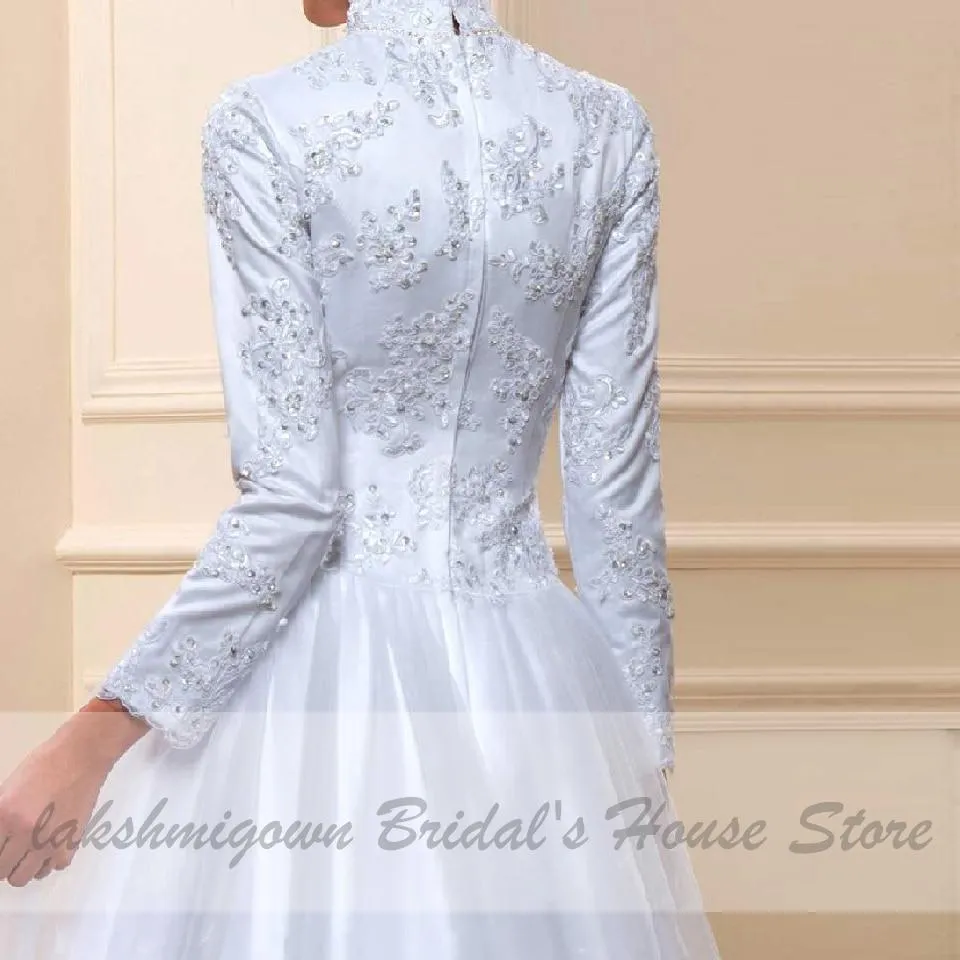 Roycebridal White Muslim High Neck Wedding Dress Satin Long Sleeve