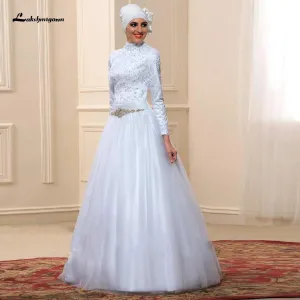 Roycebridal White Muslim High Neck Wedding Dress Satin Long Sleeve