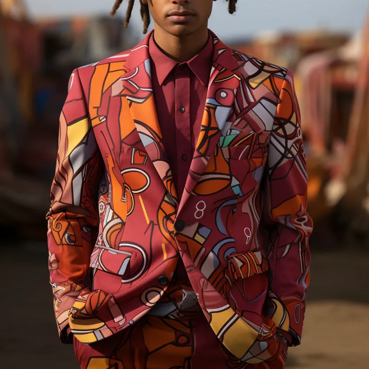 Rulercosplay Mens 2 Piece Print Suit Party Dress Jacket Slim 2 Button Blazer Pants With Geometric Patterns For Christmas