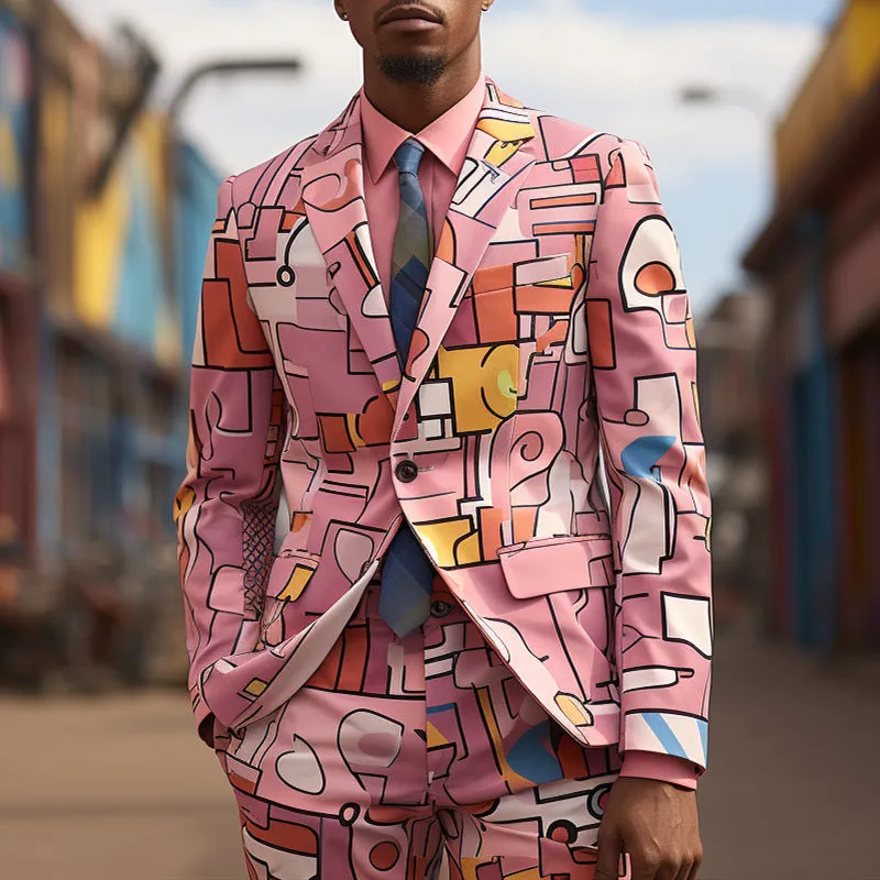 Rulercosplay Mens 2 Piece Print Suit Party Dress Jacket Slim 2 Button Blazer Pants With Geometric Patterns For Christmas