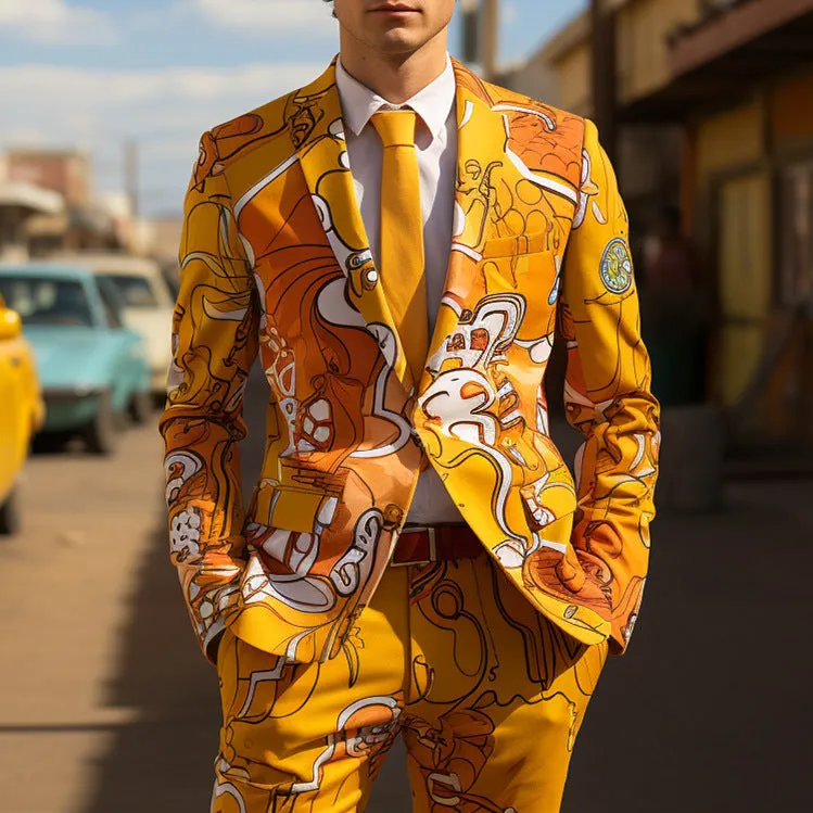 Rulercosplay Mens 2 Piece Print Suit Party Dress Jacket Slim 2 Button Blazer Pants With Geometric Patterns For Christmas