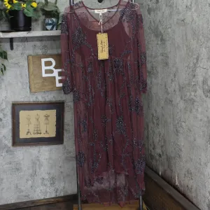 Sheryl Crow 3/4 Sleeve Embroidered Mesh Midi Dress with Cami Lining Burgundy L