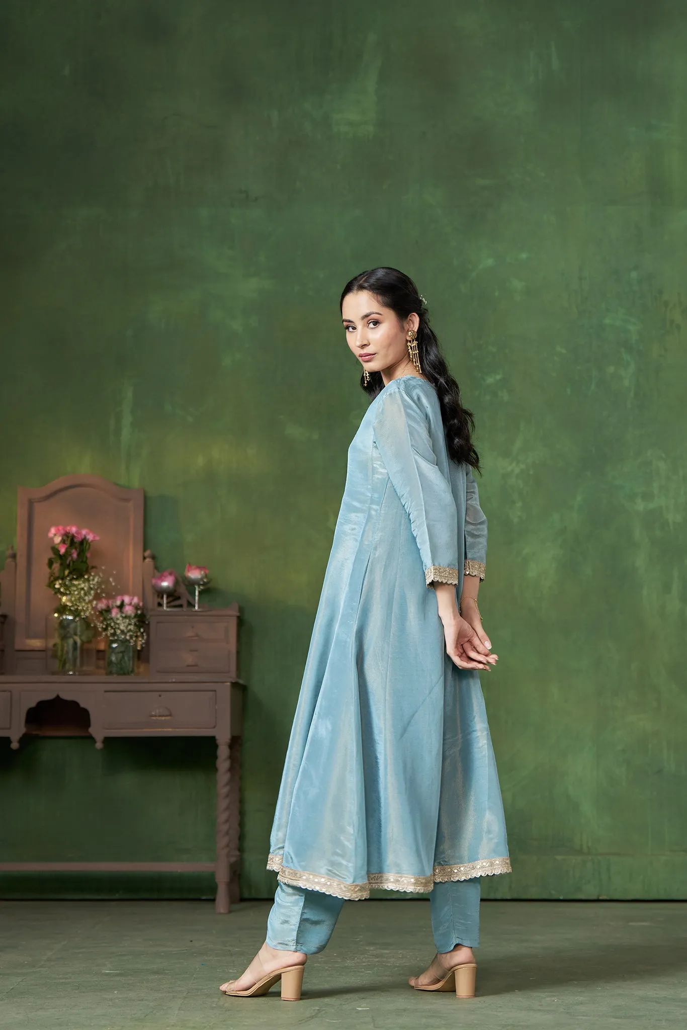 Shimmer Blue A-Line Kurta with Pants