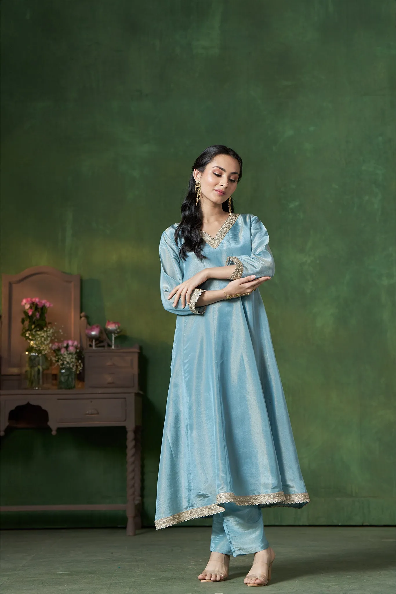 Shimmer Blue A-Line Kurta with Pants