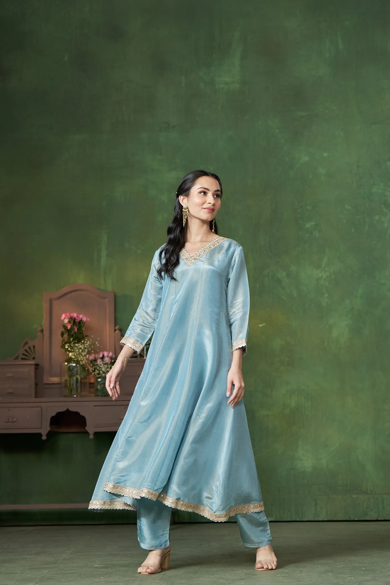 Shimmer Blue A-Line Kurta with Pants