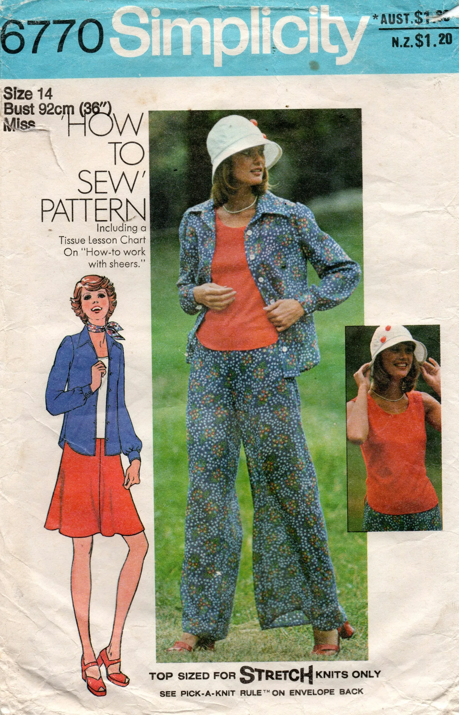 Simplicity 6770 Womens Wide Collar Shirt Stretch Top Skirt & Wide Leg Pants 1970s Vintage Sewing Pattern Size 14 Bust 36 inches