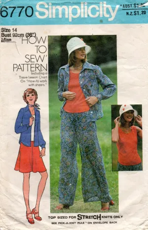 Simplicity 6770 Womens Wide Collar Shirt Stretch Top Skirt & Wide Leg Pants 1970s Vintage Sewing Pattern Size 14 Bust 36 inches
