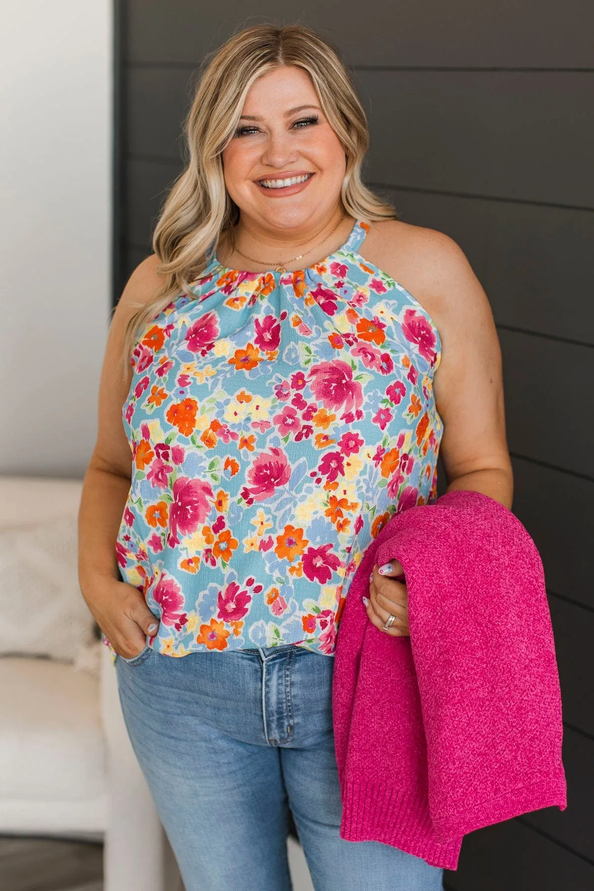 Soaring Above The Clouds Floral Tank Top- Blue