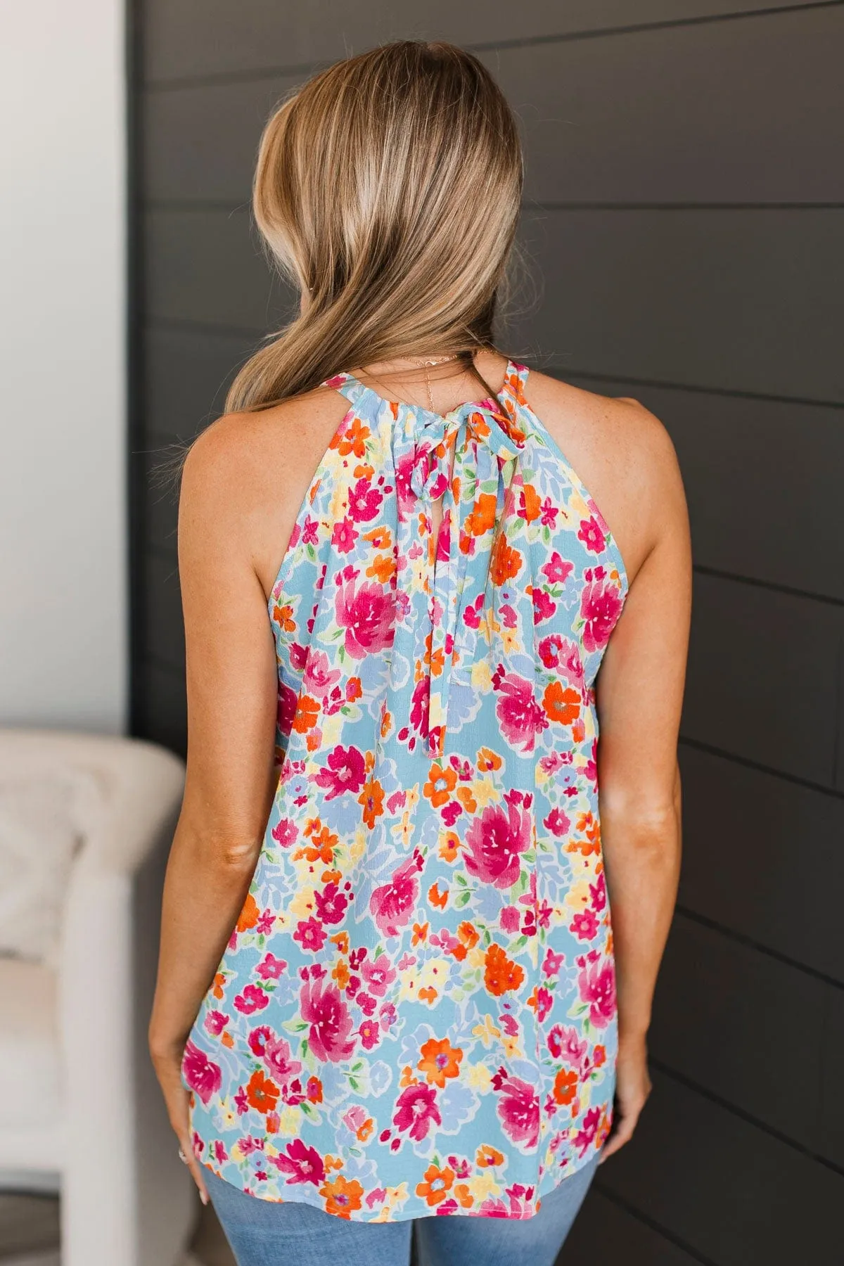 Soaring Above The Clouds Floral Tank Top- Blue