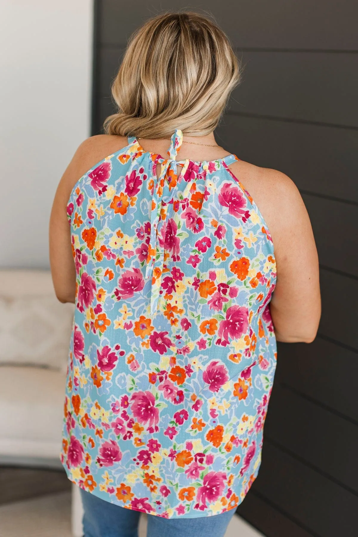 Soaring Above The Clouds Floral Tank Top- Blue