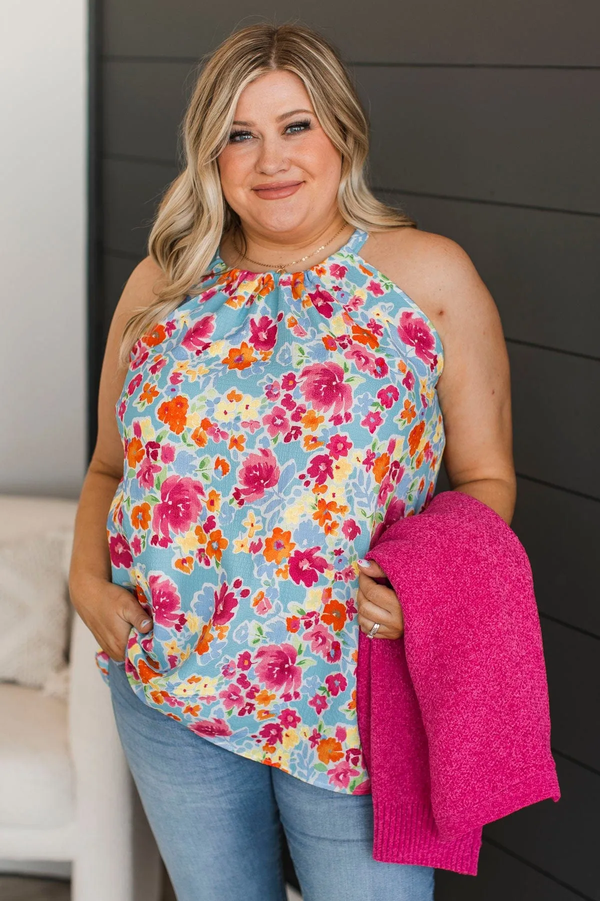 Soaring Above The Clouds Floral Tank Top- Blue