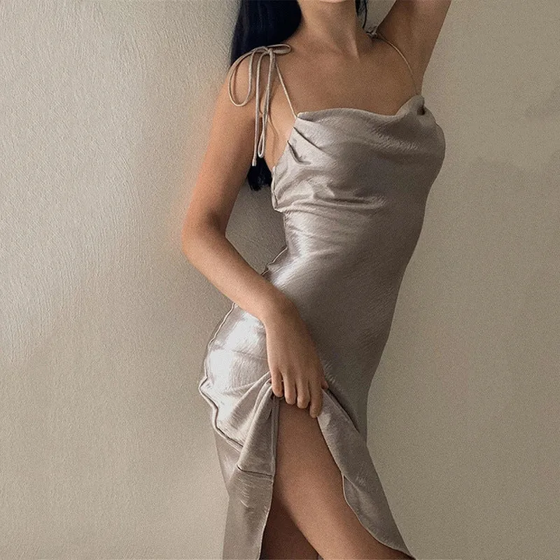 Strappy Satin Irregular Hem Backless Midi Dresses
