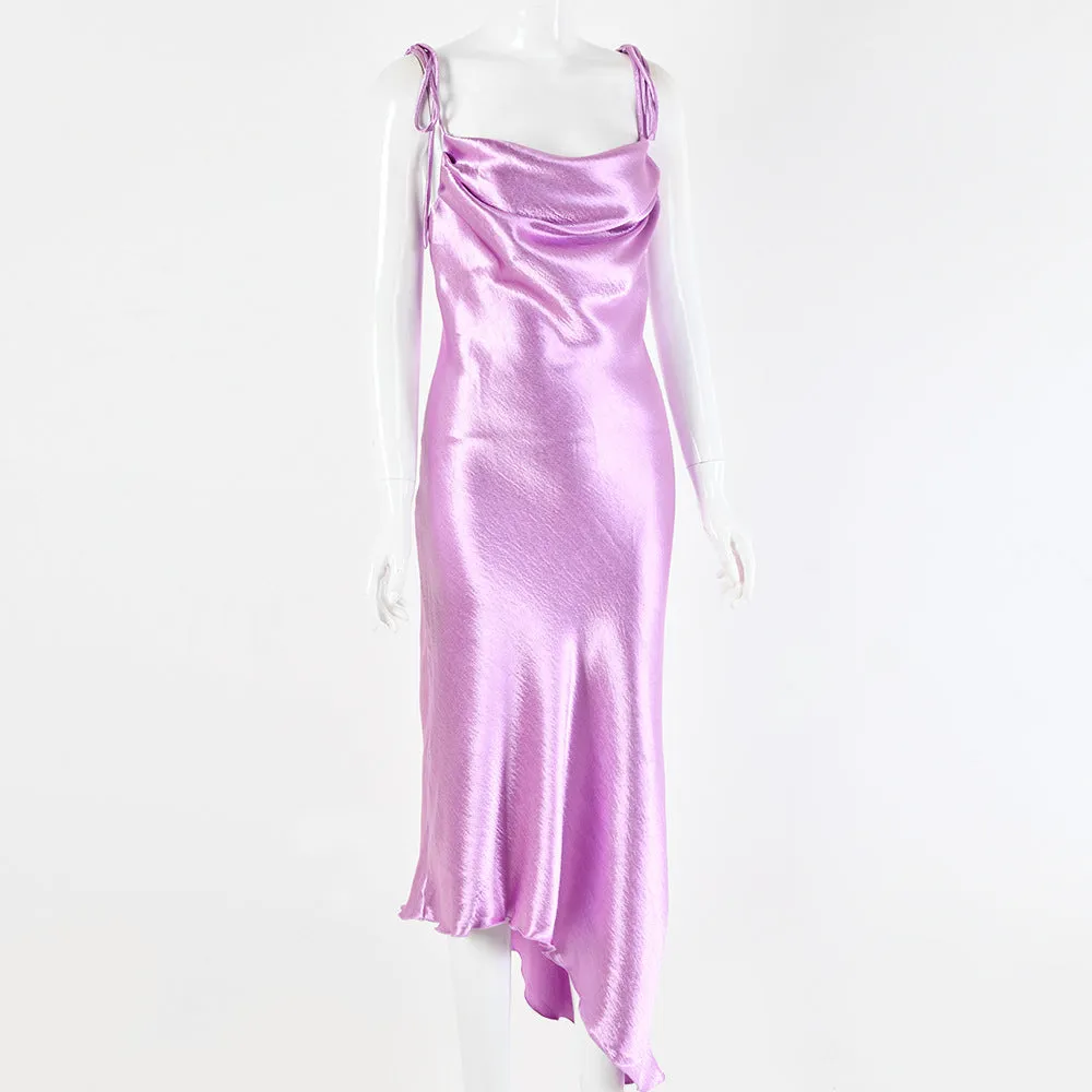 Strappy Satin Irregular Hem Backless Midi Dresses