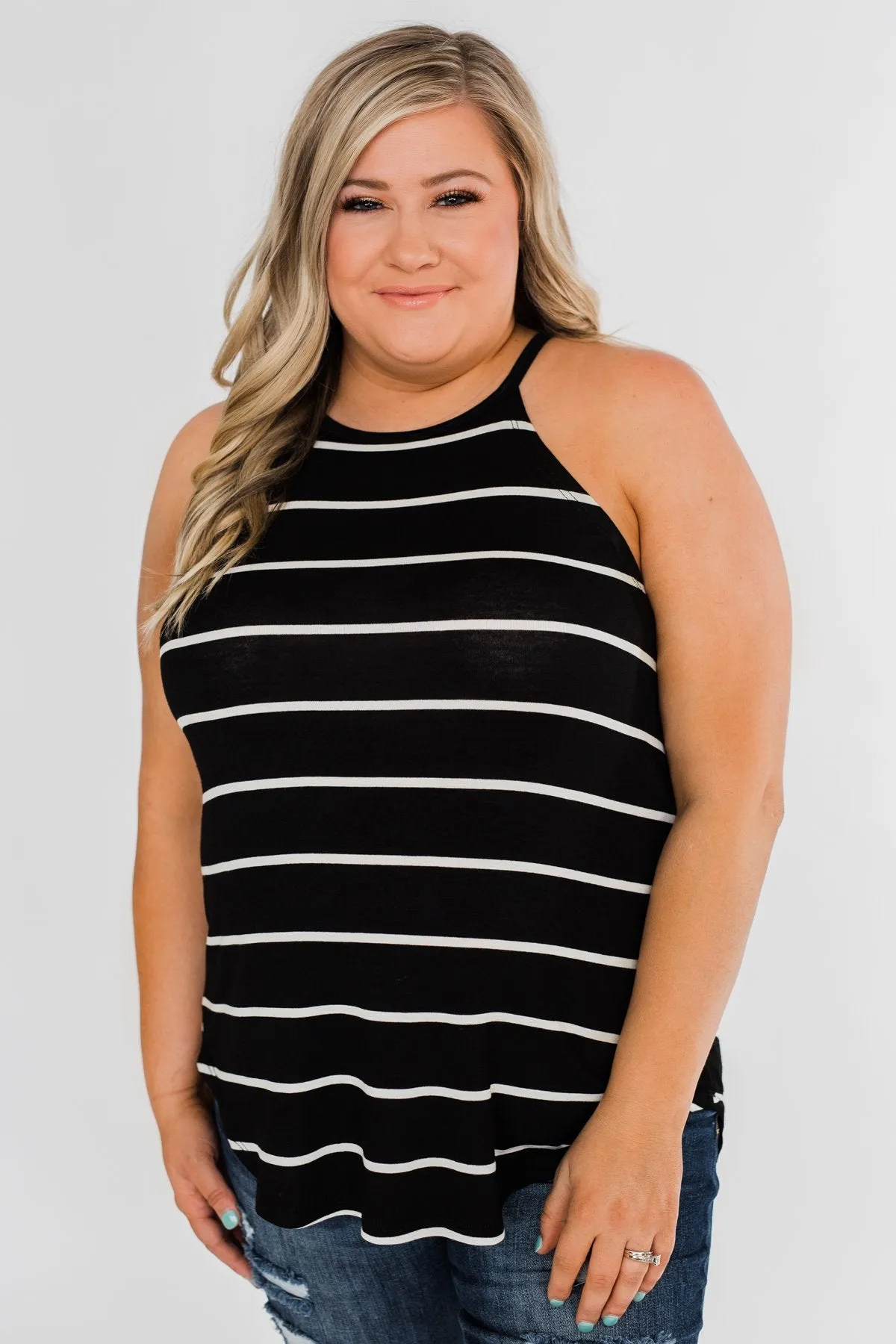 Striped Halter Tank Top- Black