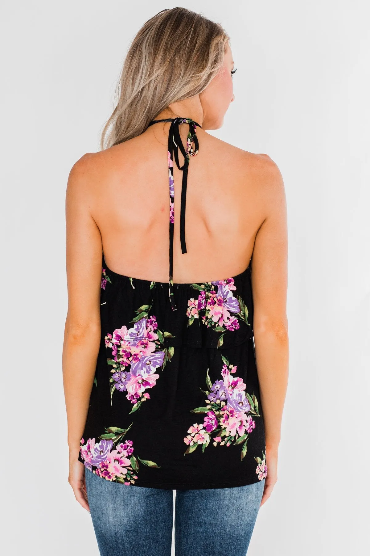 Sweet Sounds Of Summer Floral Halter Top- Black