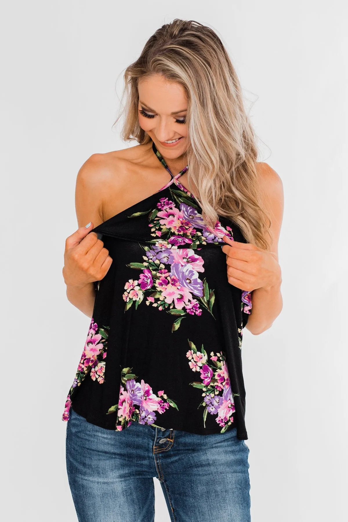 Sweet Sounds Of Summer Floral Halter Top- Black