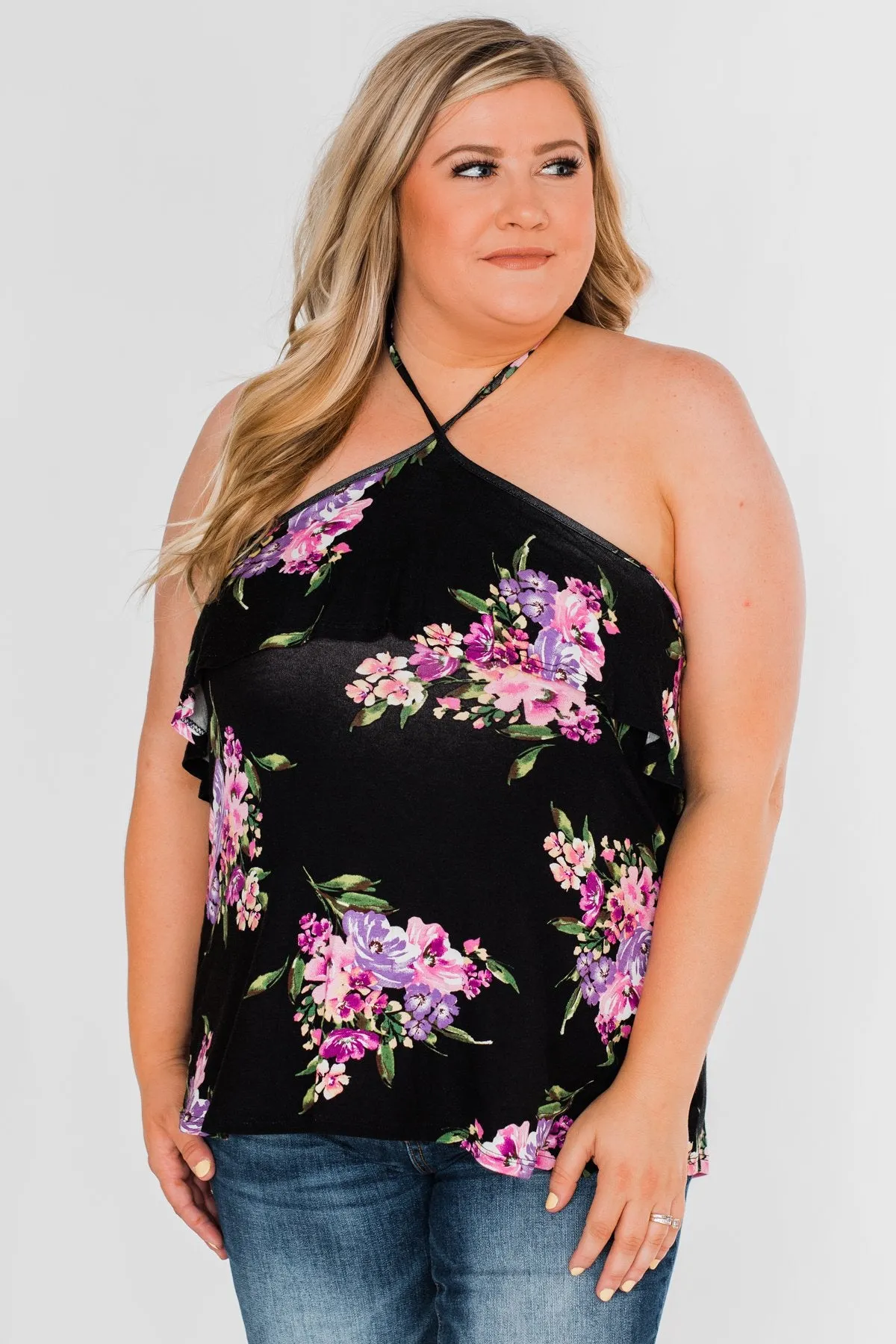 Sweet Sounds Of Summer Floral Halter Top- Black