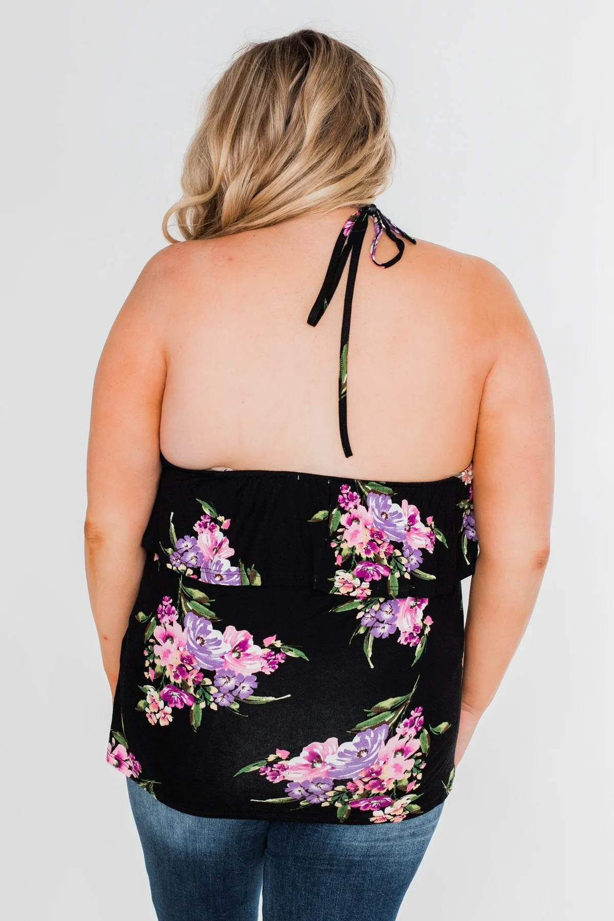 Sweet Sounds Of Summer Floral Halter Top- Black