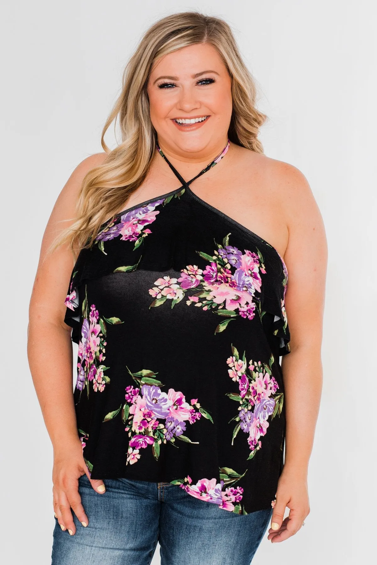 Sweet Sounds Of Summer Floral Halter Top- Black