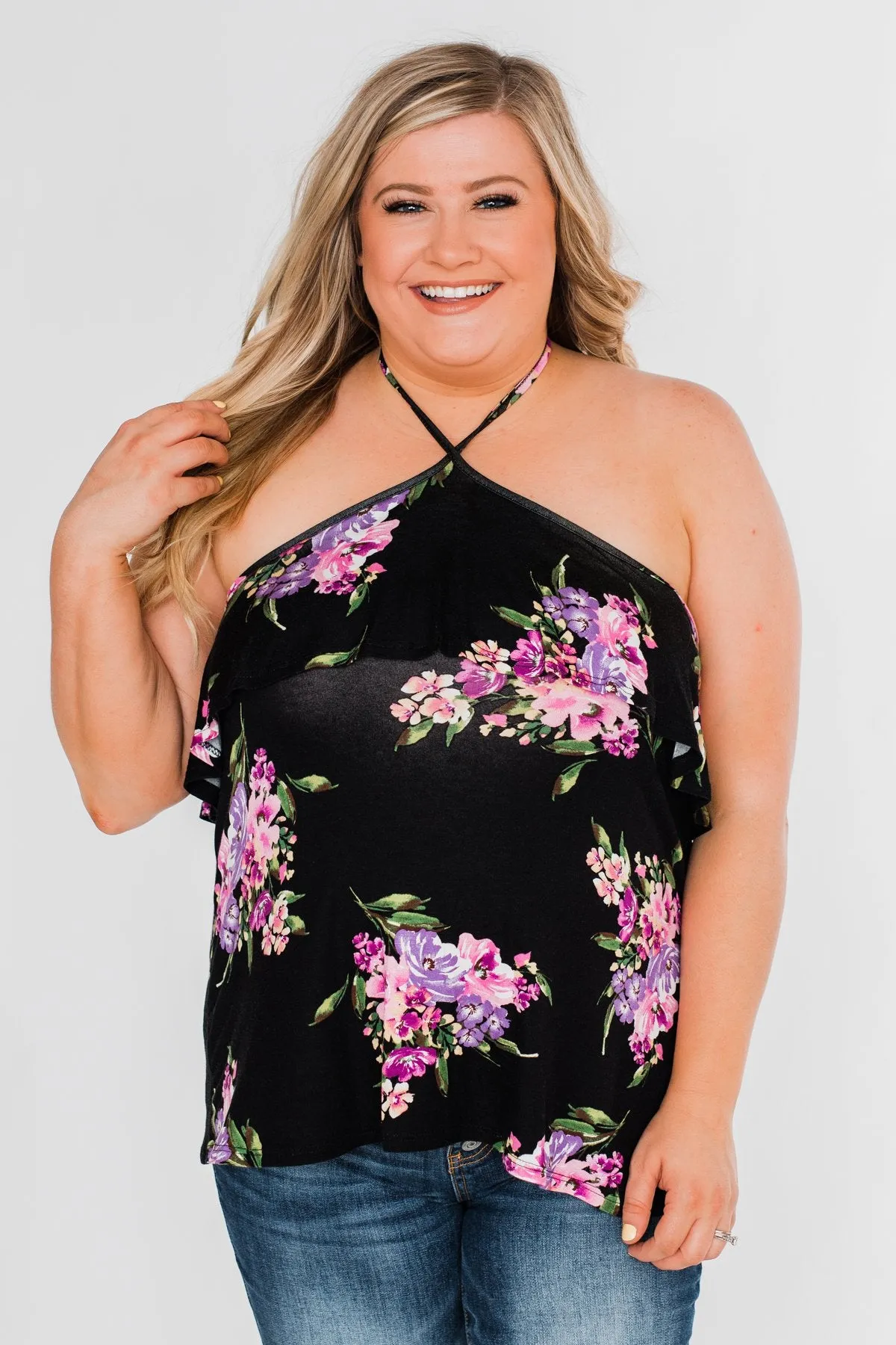 Sweet Sounds Of Summer Floral Halter Top- Black