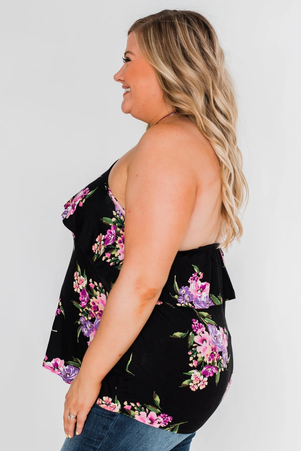Sweet Sounds Of Summer Floral Halter Top- Black
