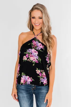 Sweet Sounds Of Summer Floral Halter Top- Black