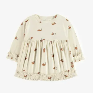 T-shirt tunique crème à manches longues avec motif de chiens en jersey extensible, bébé || Cream tunic t-shirt with long sleeves with dog pattern in stretch jersey, baby