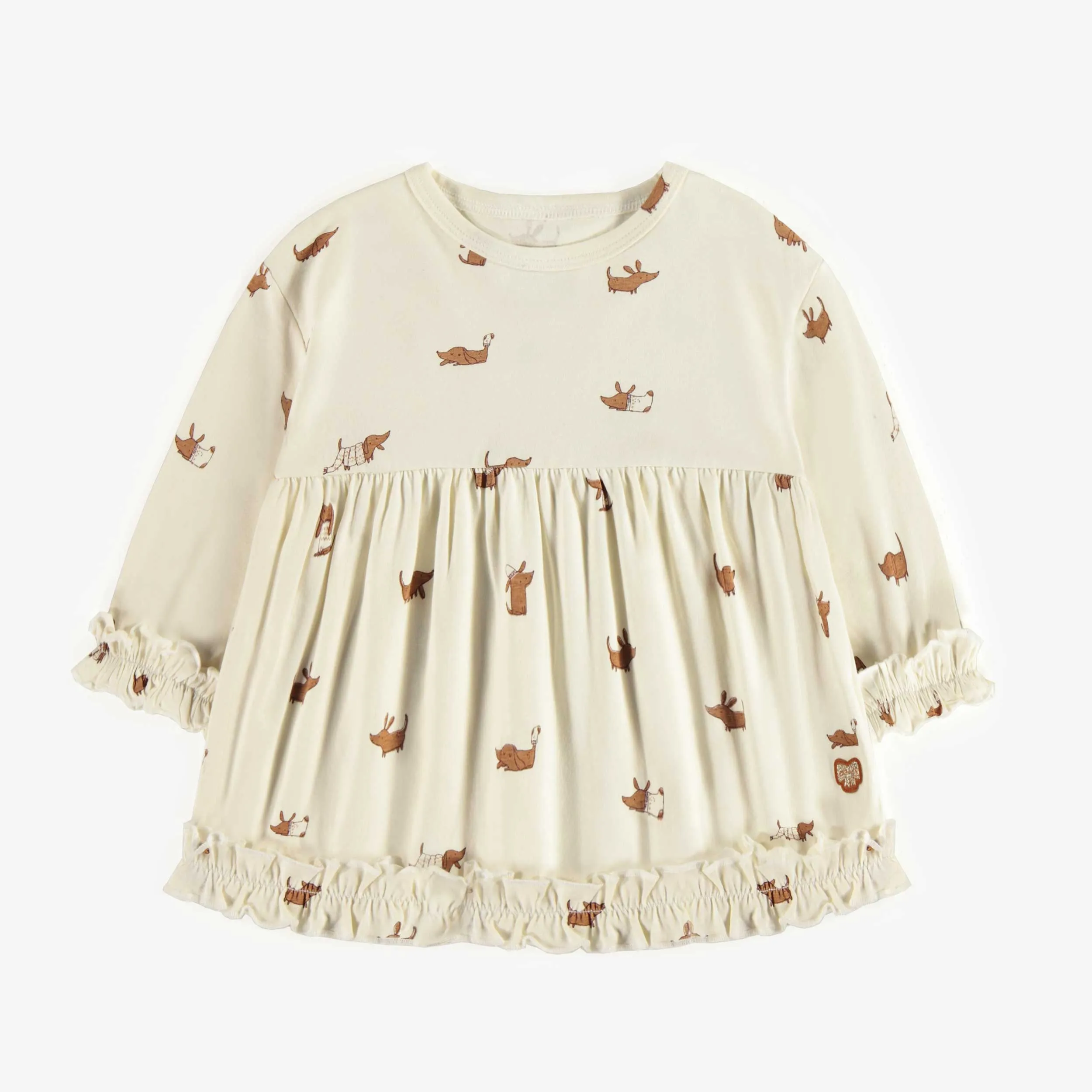 T-shirt tunique crème à manches longues avec motif de chiens en jersey extensible, bébé || Cream tunic t-shirt with long sleeves with dog pattern in stretch jersey, baby