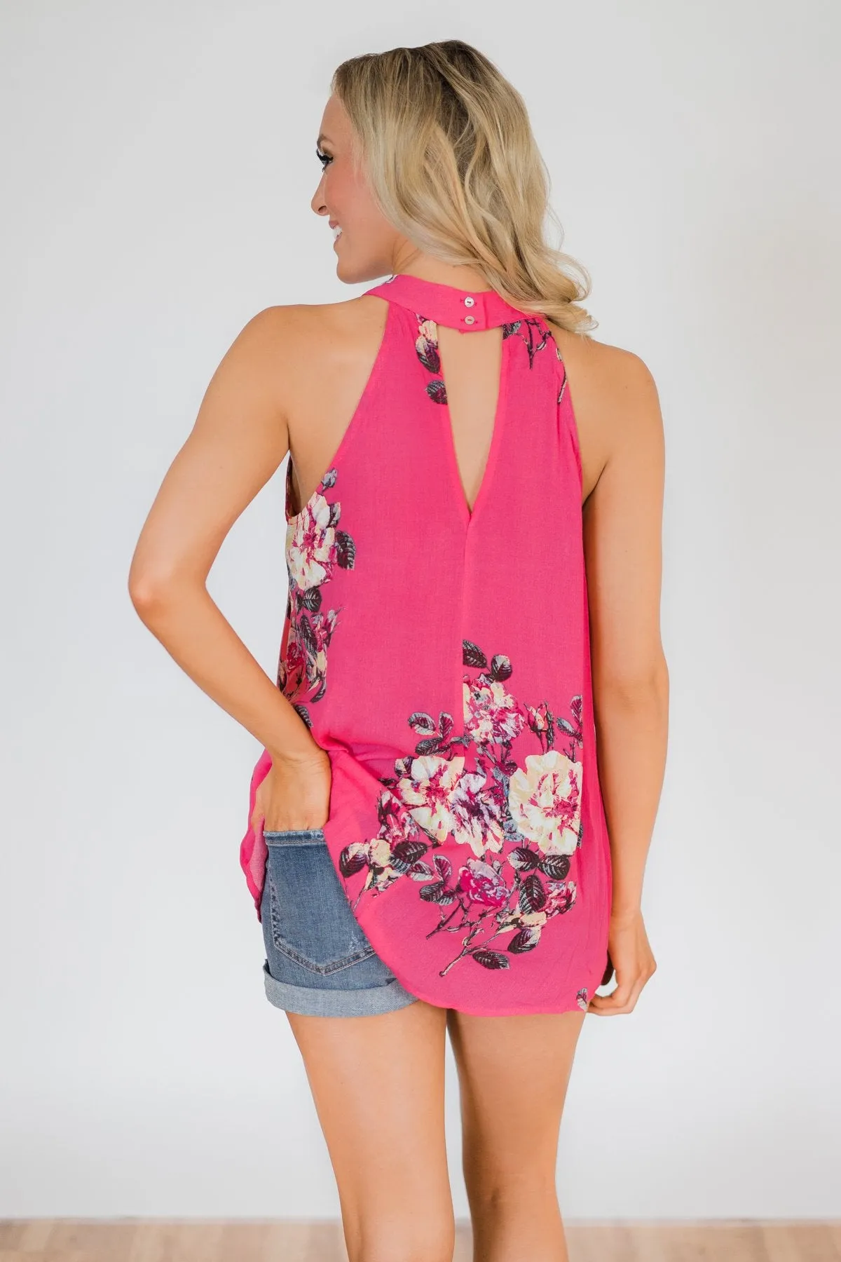 Taken by Floral Tank Top- Hot Pink