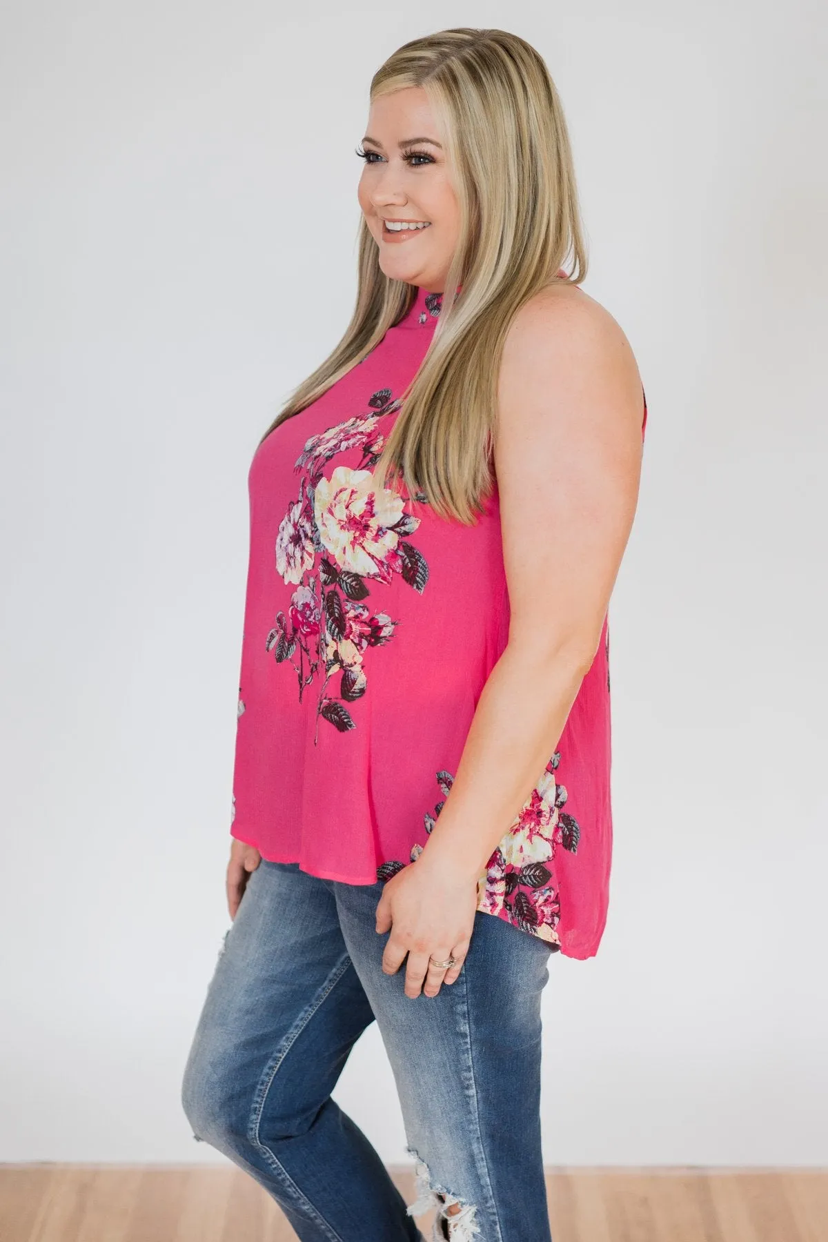 Taken by Floral Tank Top- Hot Pink