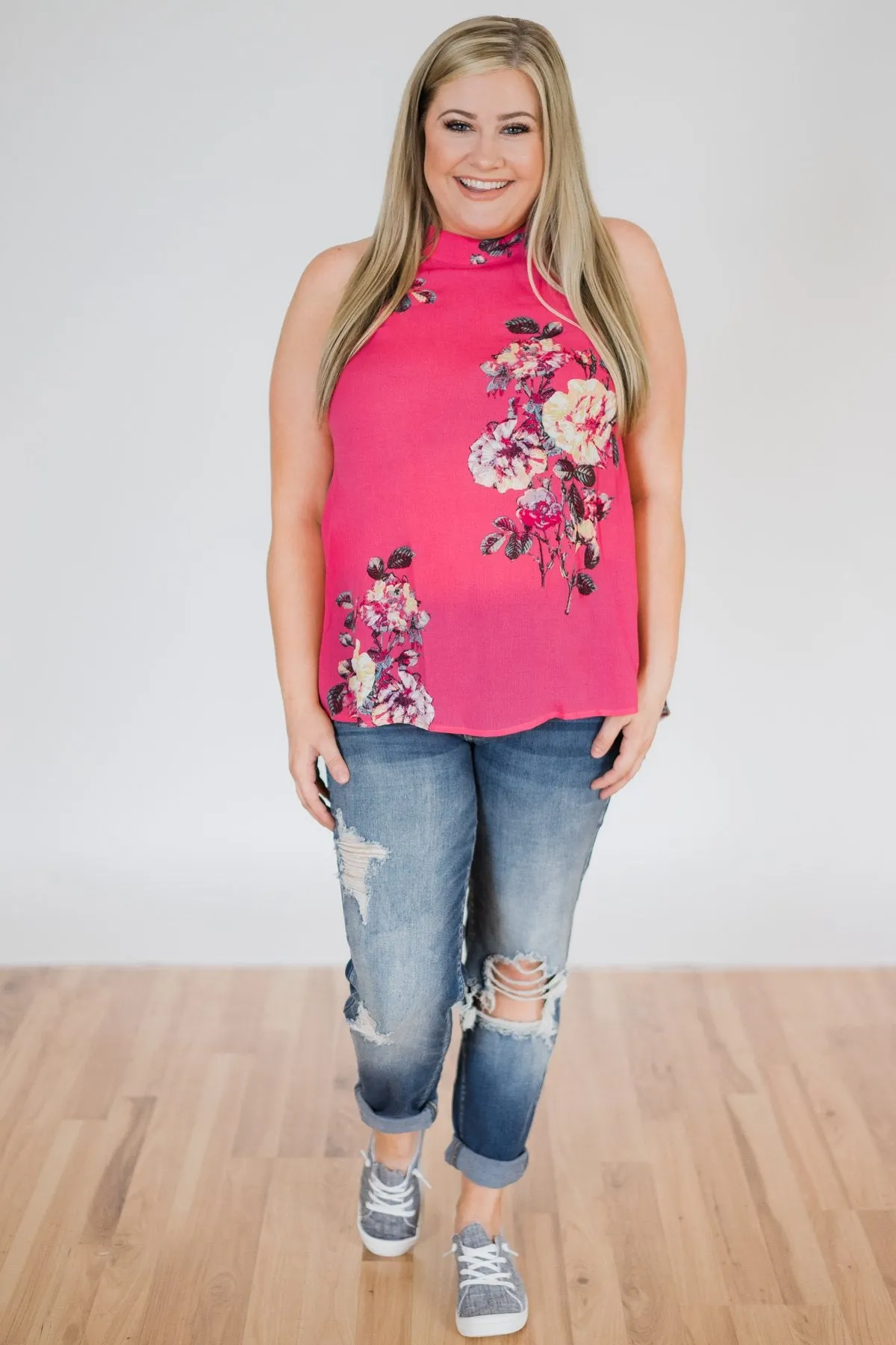 Taken by Floral Tank Top- Hot Pink